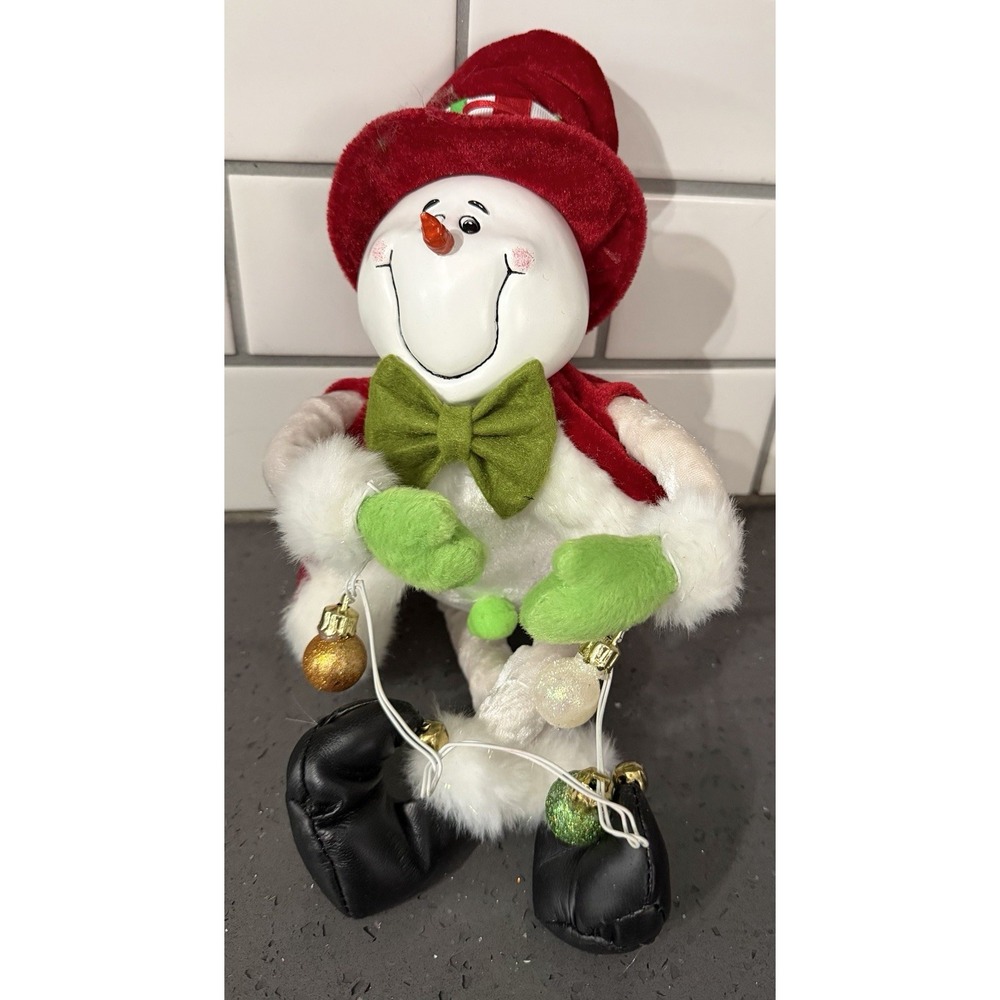 Whimsical Smiling Snowman Shelf Sitter Plush Ornament Christmas Decor Hard Face‎